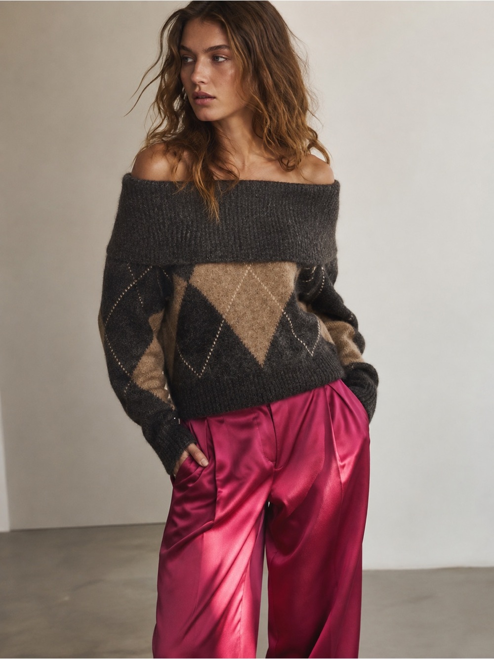 Zara NWT Argyle Knit Sweater Brown Beige Oversized Preppy Pullover